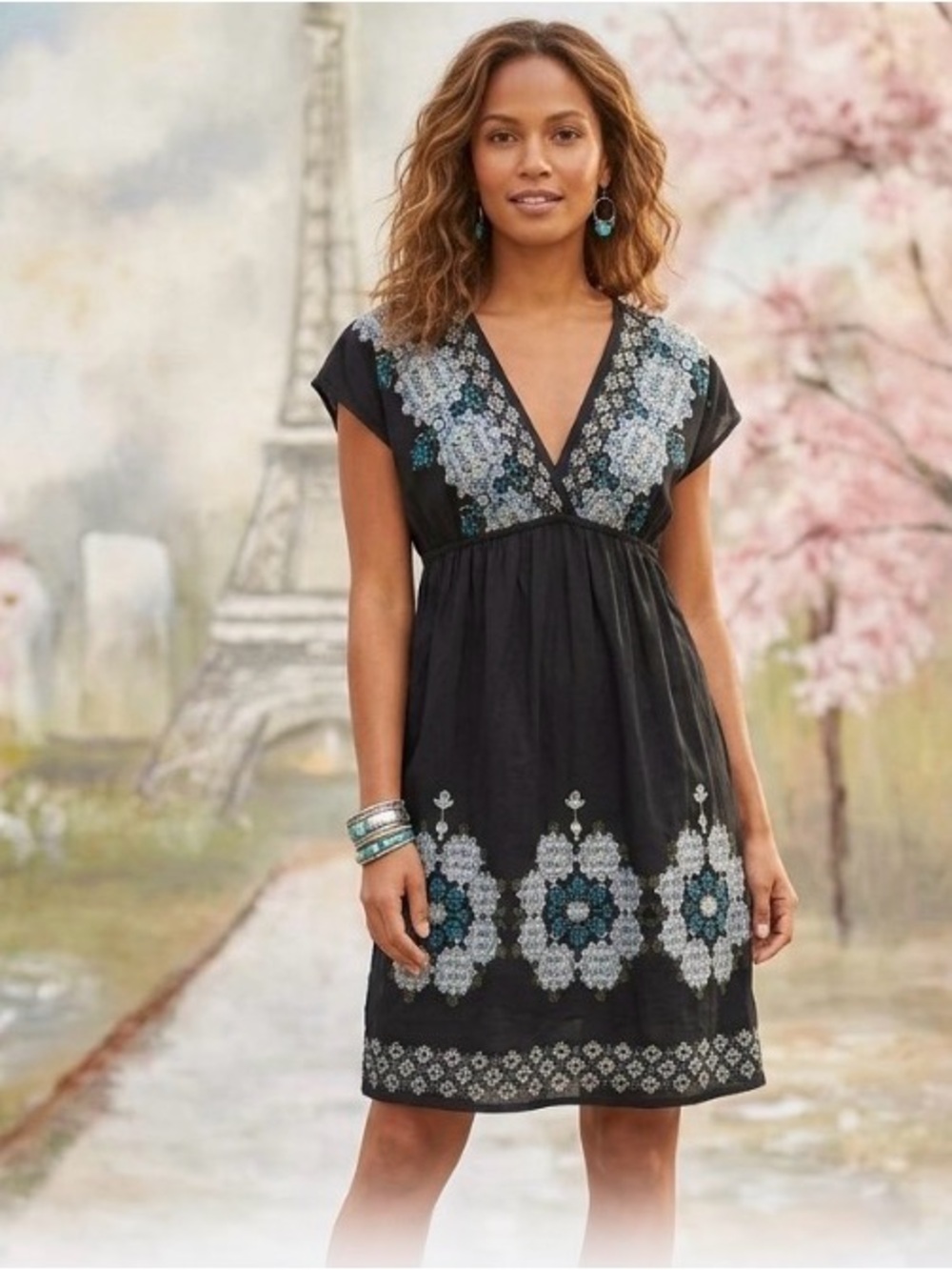 Xhilaration Black w Blue V-Neck Floral Trim Women’s Cover Up Dress sz S EUC